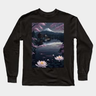 Serene Mount Fuji Sunset - Peaceful River Scenery - Lotus Flowers Long Sleeve T-Shirt